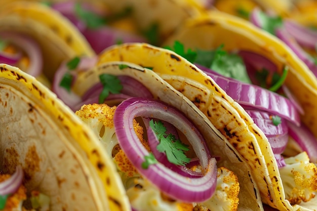 Photo hearty cauliflower and red onion tacos recipe with charred corn salsa