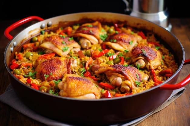 Hearty chicken thighs resting in a paella dish