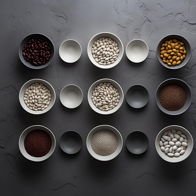 Фото Сердечные комфортные вариации каши и бобов в белых тарелках кулинарный набор