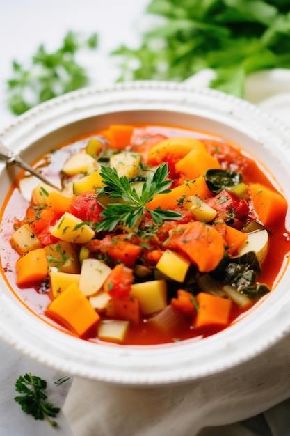 A hearty and healthy vegetable soup with chunks of colorful veggies and sprig of fresh herbs on top