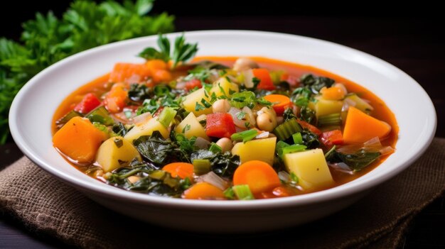 Una zuppa di verdure ricca e sana con pezzi di verdure colorate e ramoscelli di erbe fresche in cima