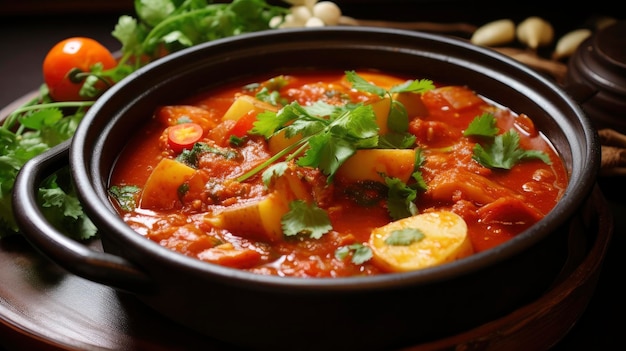 Hearty and healthy vegetable stew garnished with fresh coriander in a brown earthenware bowl