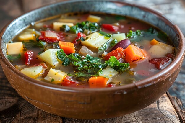 Фото Счастливый домашний овощный суп в деревянной металлической чаше на деревянном фоне со свежими ингредиентами