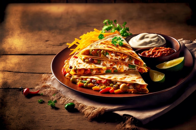 Foto sostanziose quesadillas messicane con pollo e verdure in salsa