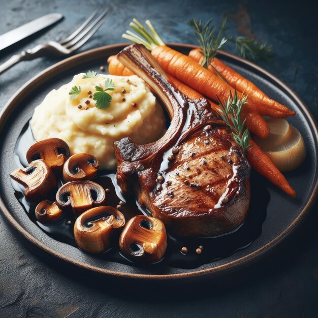 Premium AI Image A hearty roasted lamb chop with a mushroom and onion