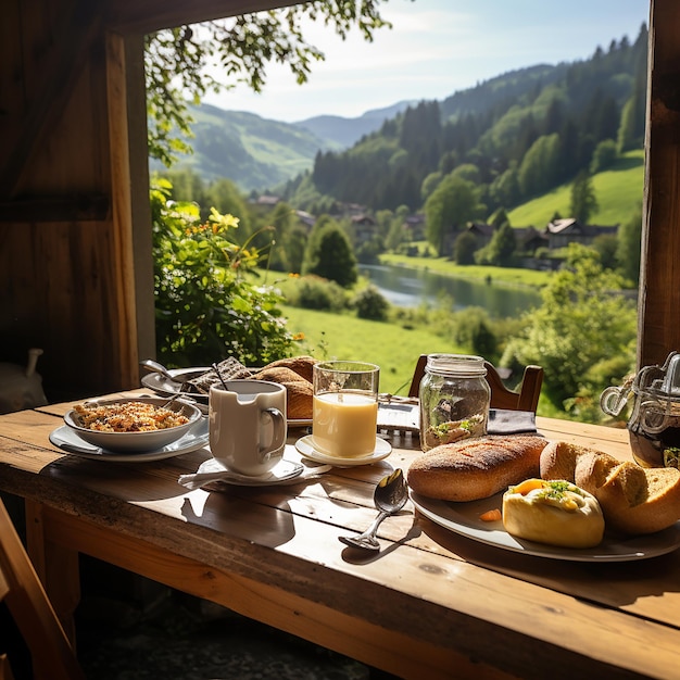 Photo hearty rustic breakfast on wooden table