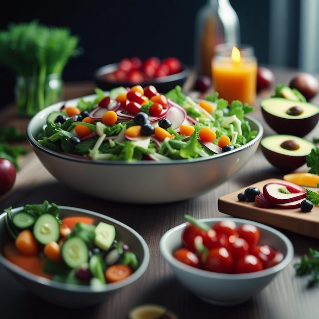 Hearty table with salad mix in bowl