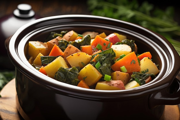 A hearty vegetable soup cooked in a crock pot