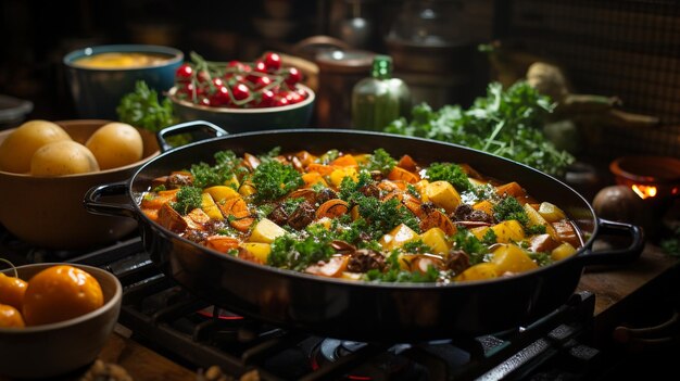 Photo hearty vegetable soup simmering in a pot