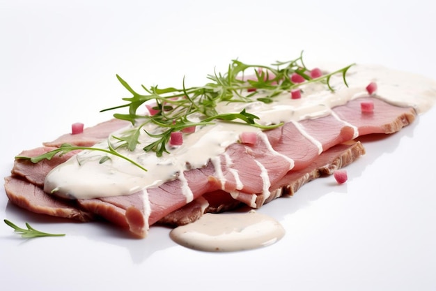 Foto vitello tonnato salato con tonno fresco su sfondo bianco