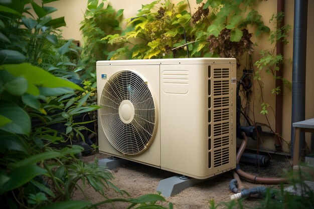 A heat pump in a backyard with plants and a house in the background