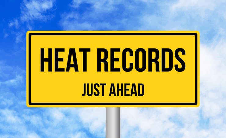 Photo heat records just ahead road sign on cloudy sky background