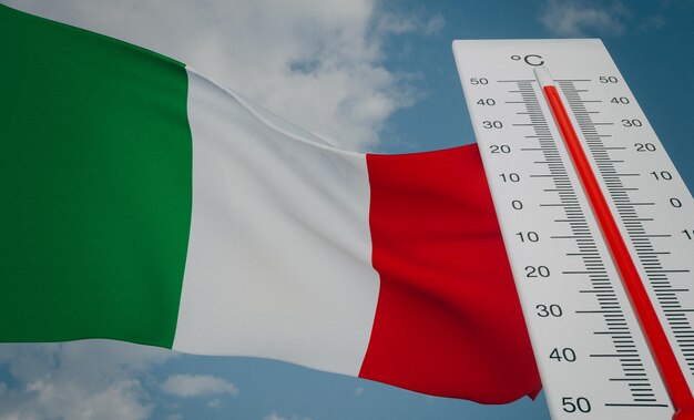 Foto ondata di caldo in italia termometro davanti alla bandiera italia e ondata di caldo sullo sfondo del cielo