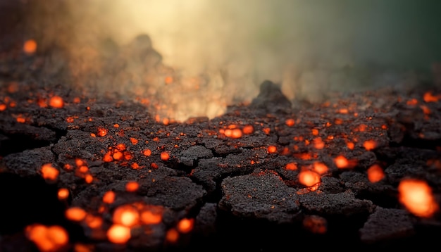 Heated cracked ground with coals on blurry background