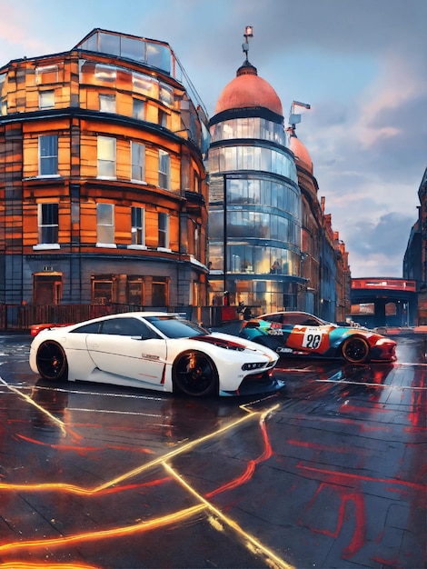 Heated street race in london inspired from jdm street culture in a futuristic london setting