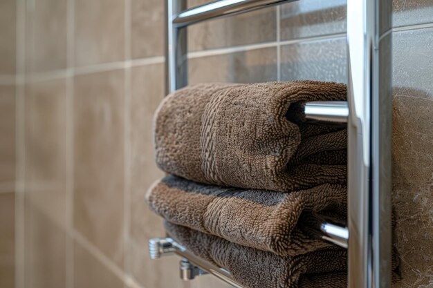 Photo heated towel rail with towels in bathroom