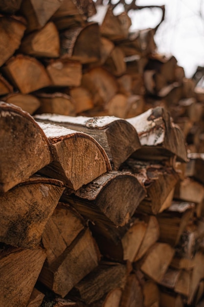 Heating the house in winter. A stack of wood. Firewood from chopped birch. Heat the stove.