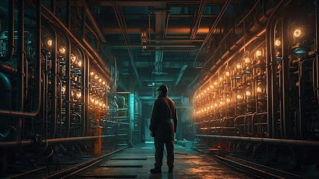 Heating plant technician standing by gas pipes generated ai image