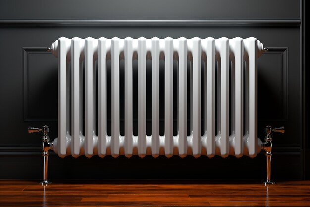 Heating radiator on wooden floor in room closeup Interior design