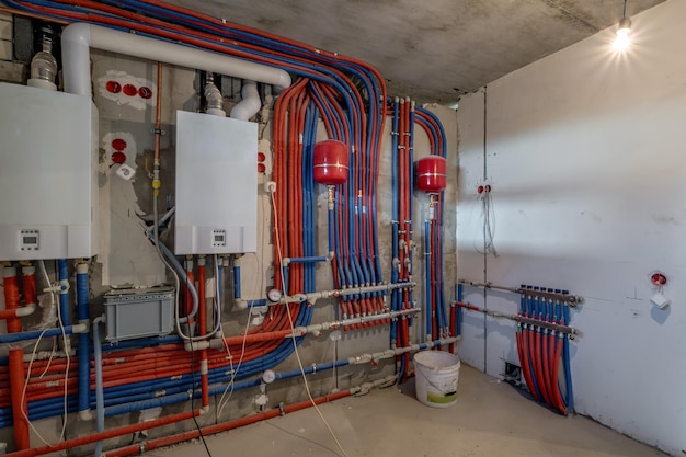 Heating system in boiler room gas and water supply system of house measuring pressure and controlling temperature with sensors for gas boiler with iron pipes extending from them and pressure switch