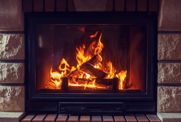 暖房、暖かさ、火、居心地の良さのコンセプト – 家庭で燃える暖炉の接写