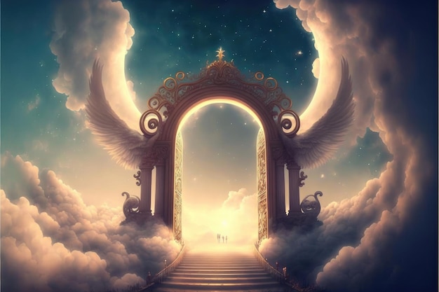 Небесные фантастические ворота с птичьим крылом в красочном горизонте