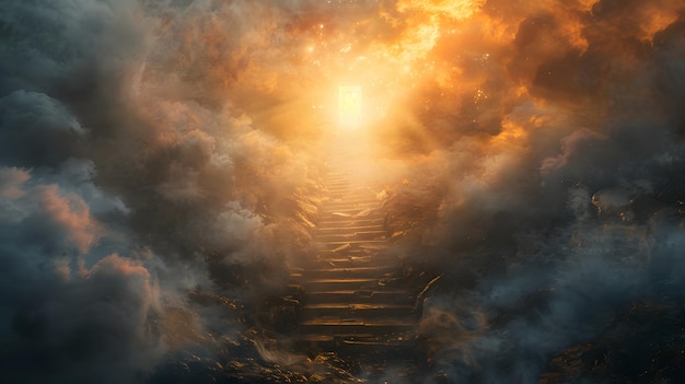 A heaven stairway is shown the gate surrounded by fire and smoke leading to a door of light