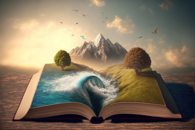 Heavenly landscape on an open book pages 