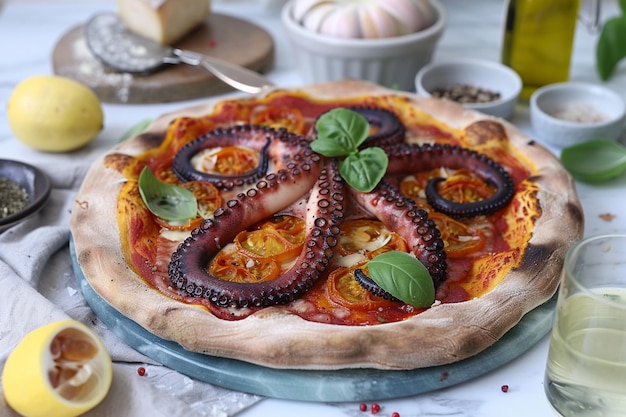 Heavenly Octopus Pizza with SunDried Tomato Garnish