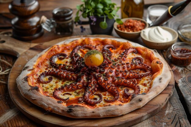 Photo heavenly octopus pizza with sundried tomato garnish