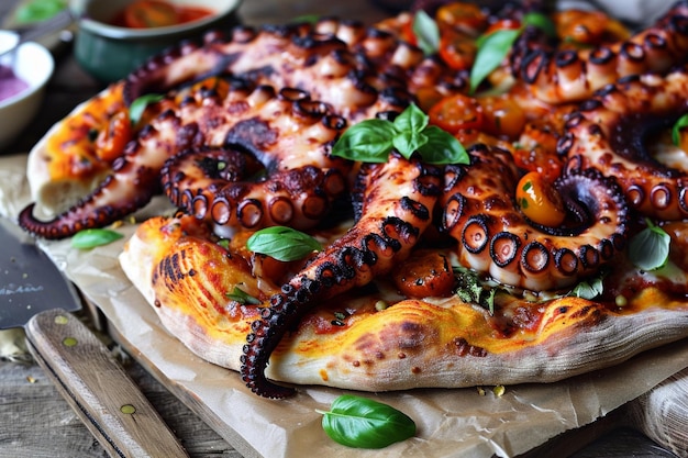 Heavenly Octopus Pizza with SunDried Tomato Garnish