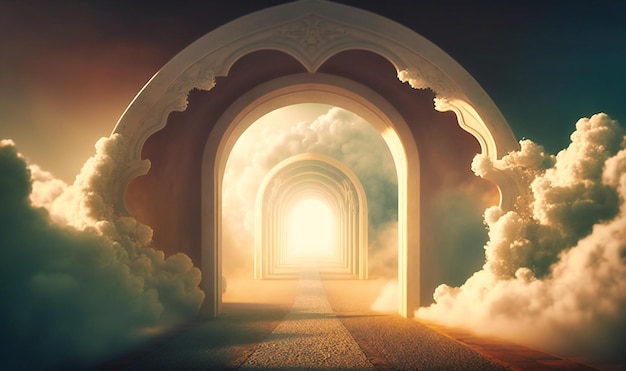 Photo a heavenly and serene tunnel shrouded in mist and soft clouds