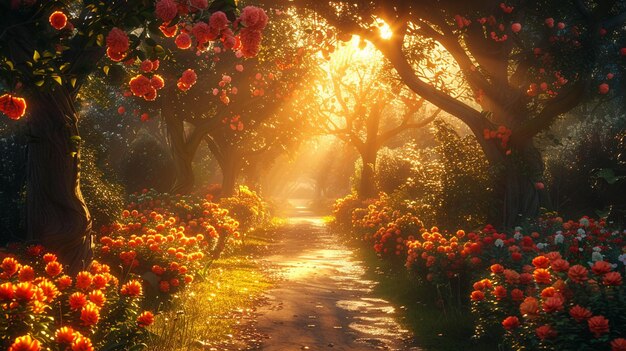 Photo the heavenly streets lined with trees bearing background