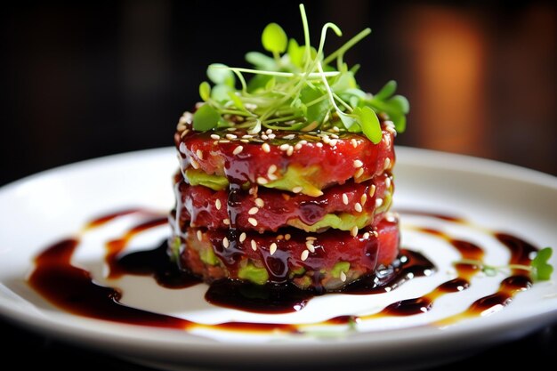 Photo heavenly tuna tartare platter with creamy ponzu dressing