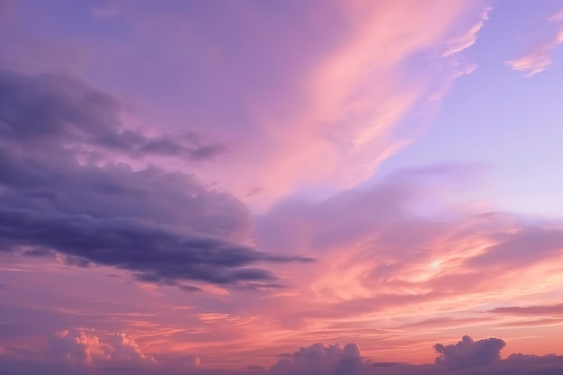 Heavenly twilight soft purple and pink sky illuminated by ethereal clouds ai generated