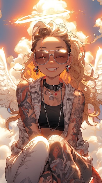 Heavenly Vibes Tattooed Angel Girl Chillin' on a Cloud 선글라스 및 Halo On Point