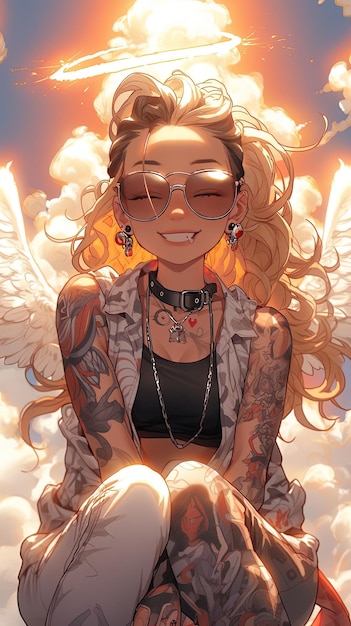 Heavenly Vibes Tattooed Angel Girl Chillin' on a Cloud Zonnebril en Halo On Point