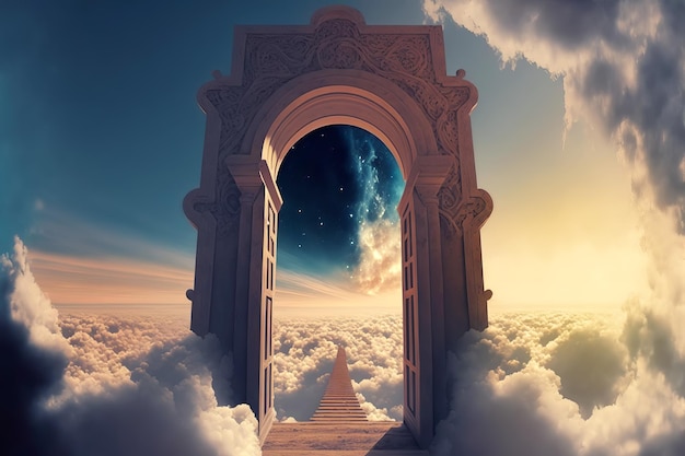 天国への門 天国への門 人生の終わりへの階段 天国への階段 宗教的背景 雲の中のポータル ジェネレーティブ AI の図