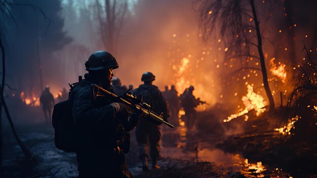 戦争でライフルを保持する重武装の兵士