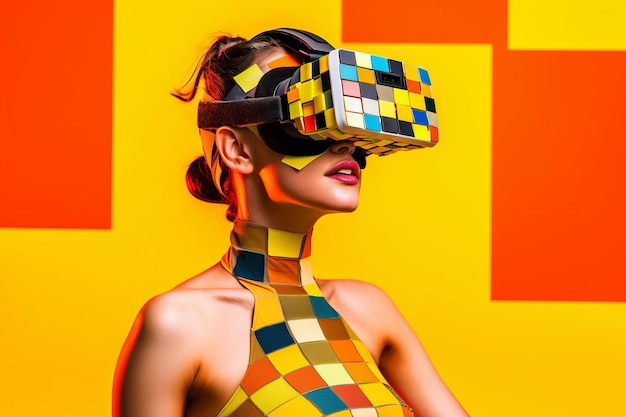 Heavily stylized portrait of a woman immersed in a vr headset simulation