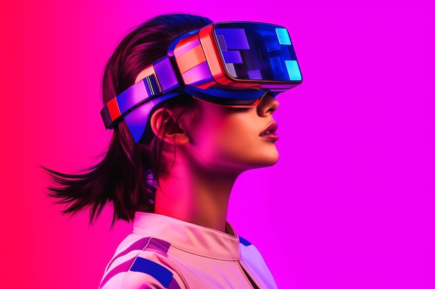 Photo heavily stylized portrait of a woman immersed in a vr headset simulation