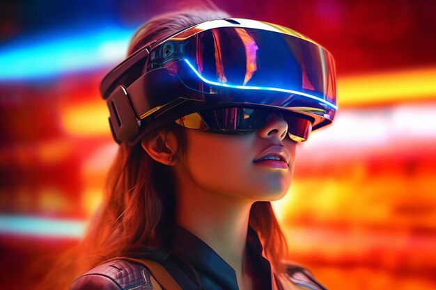 Heavily Stylized Portrait of a Woman Immersed in a VR Headset Simulation