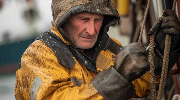 Photo a heavily weathered deckhand adjusting his oilskin jacket as he prepares for another long day at sea