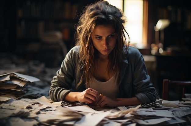 Photo heaviness of thoughts a woman in thought surrounded by literature and unfinished letters