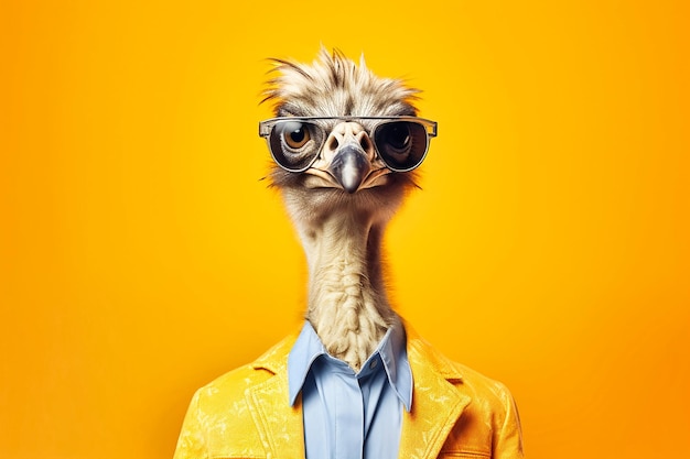 Heavy cheerful ostrich, anthropomorphic, bright color. generative ai