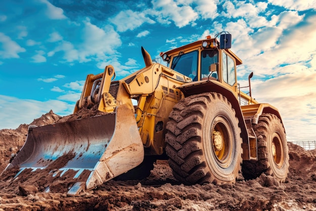 Heavy construction hydraulic equipment during earthmoving works