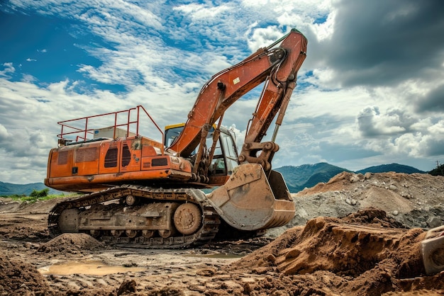 Heavy construction hydraulic equipment during earthmoving works