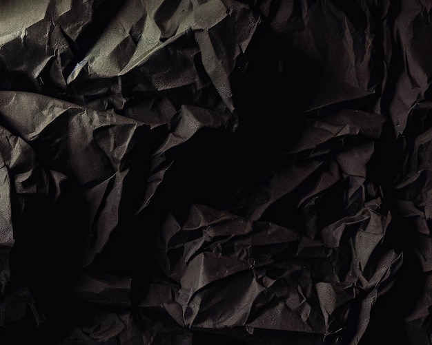 Heavy crumpled black paper texture in low light background