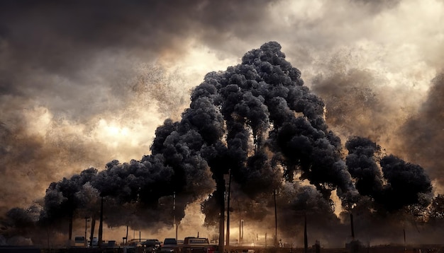 Heavy dark smog cloud rising up over chimneys of plants