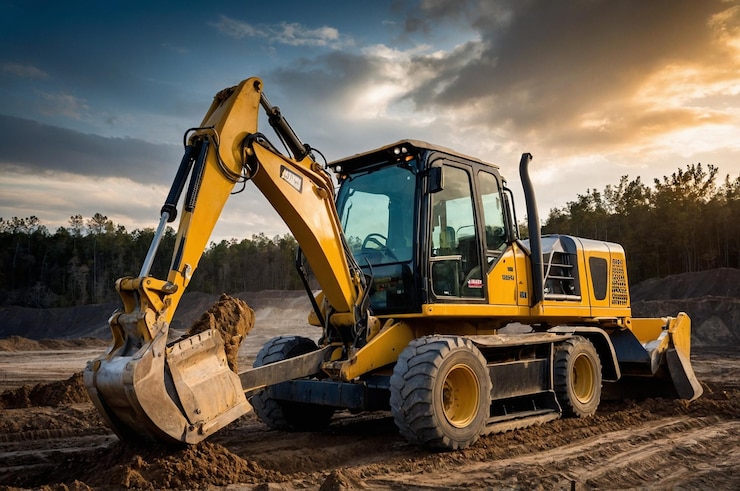 Photo heavy duty backhoe with earthmoving bucket on jobsite